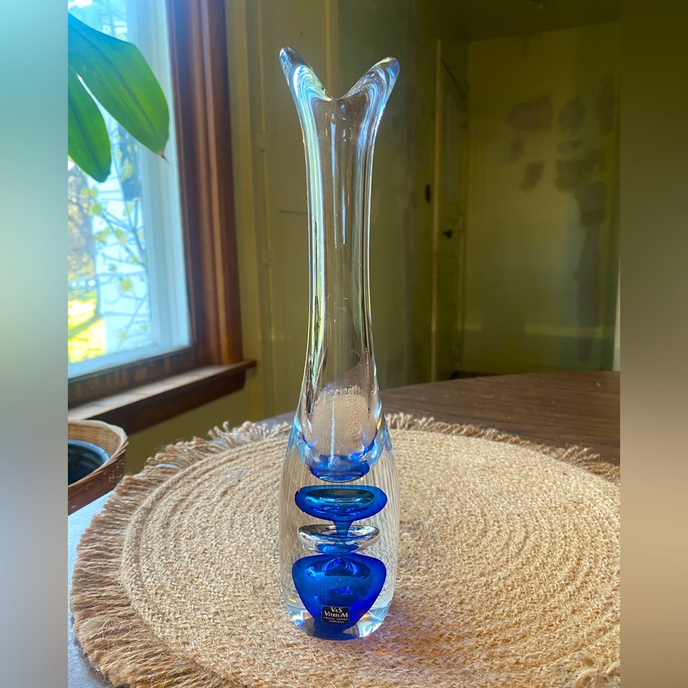 Vas Vitreum Crystal Vase Sweden Blue Clear Art Glass Vase - 10 1/2" Bud Vase